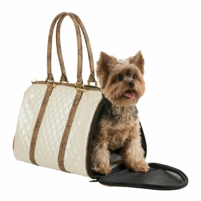 Duffel Ivory Quilted Luxe Snake Trim Pet Dog Carrier by Petote Mini