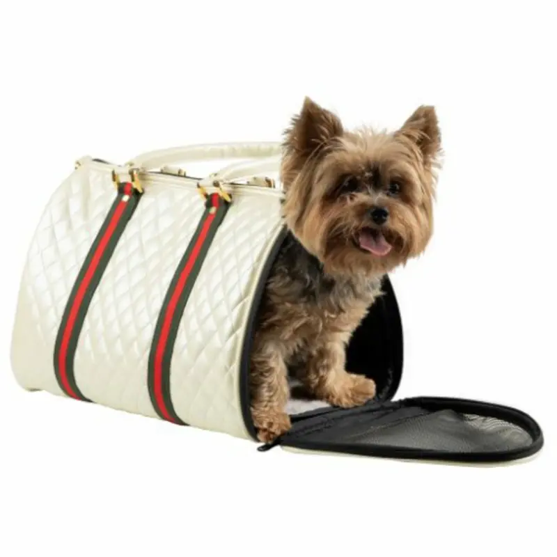 Duffel Ivory Quilted with Stripe Pet Dog Carrier by Petote Mini