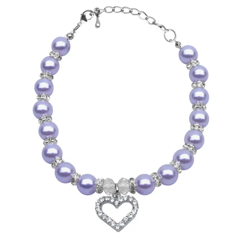 Heart and Pearl Dog Necklace - Lavender Medium 8-10"