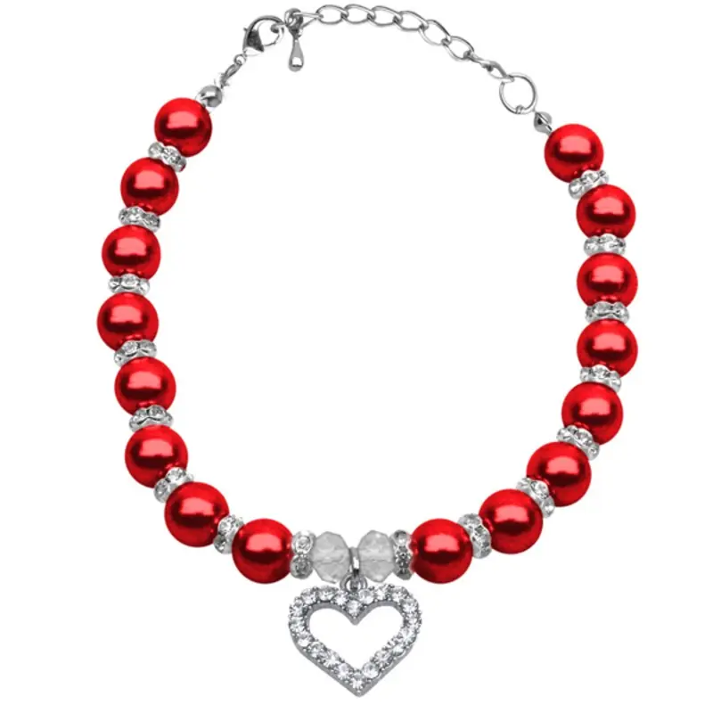 Heart and Pearl Dog Necklace - Red Small 6-8"