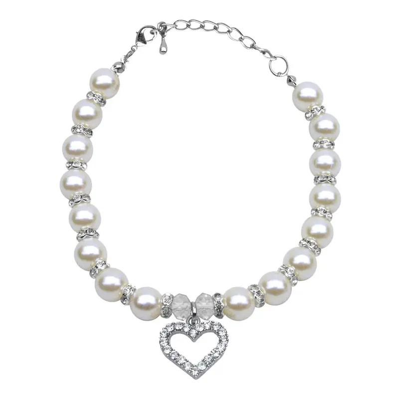 Heart and Pearl Dog Necklace - White Large 10-12"