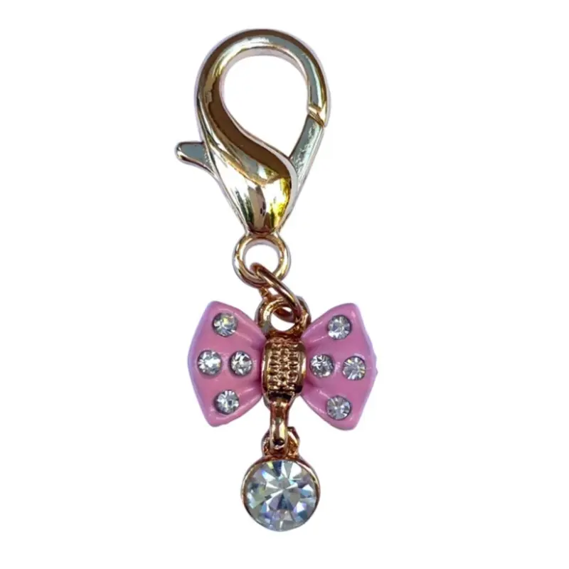 The Dog Squad Tiny Pink Bow with Diamond Dog Collar Charm
