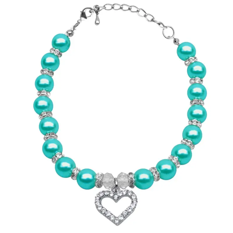 Heart and Pearl Dog Necklace - Aqua Small 6-8"