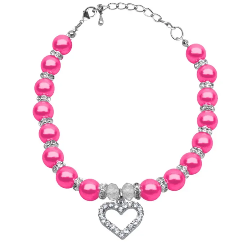Heart and Pearl Dog Necklace - Bright Pink Medium 8-10"