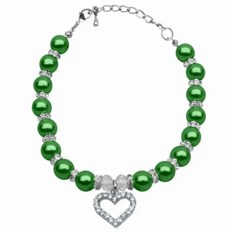 Heart and Pearl Dog Necklace - Lime Green Large 10-12"