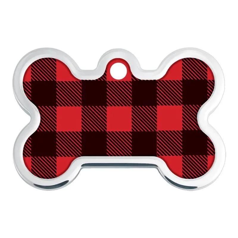Raised Edge Bone Large Engravable Pet I.D. Tag - Black & Red Buffalo Check