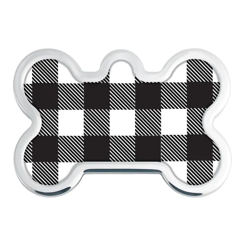 Raised Edge Bone Large Engravable Pet I.D. Tag - Black & White Buffalo Check