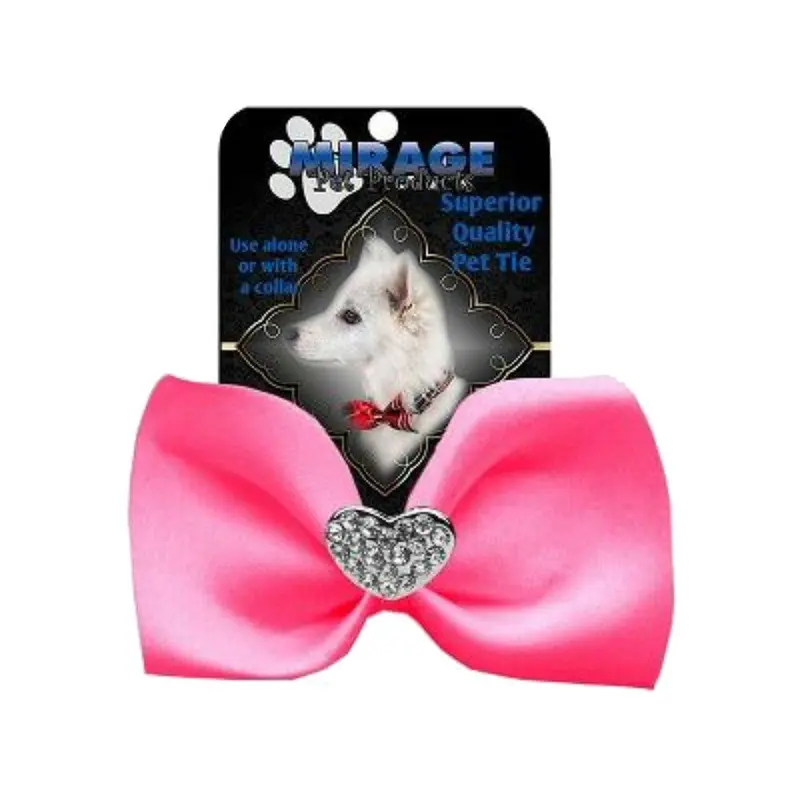 Mirage Clear Crystal Heart Chipper Dog Bow Tie - Hot Pink