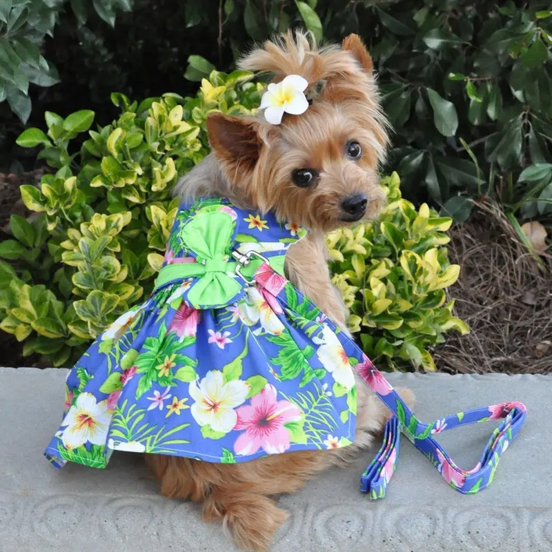 Blue Lagoon Hawaiian Hibiscus Dog Dress with Matching Leash by Doggie Design X-Small