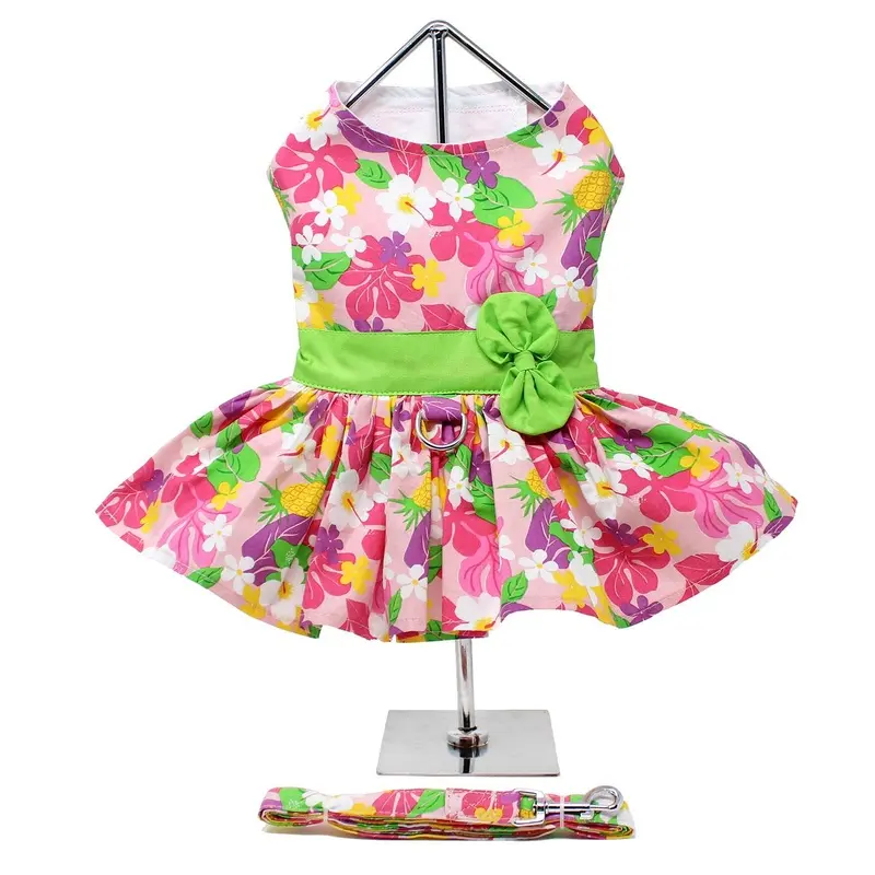 Pink Hawaiian Floral Dog Harness Dress with Leash by Doggie Design X-Small