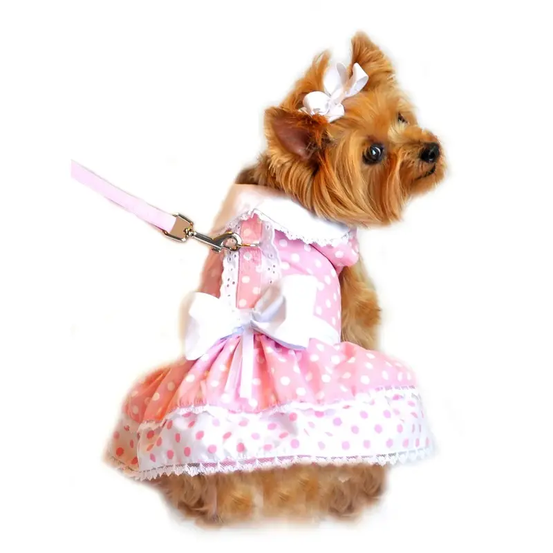 Pink Polka Dot and Lace Designer Dog Harness Dress by Doggie Design X-Small