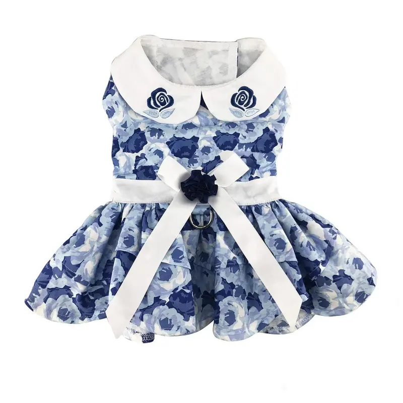 Blue Rose Dog Harness Dress with Matching Leash by Doggie Design Medium