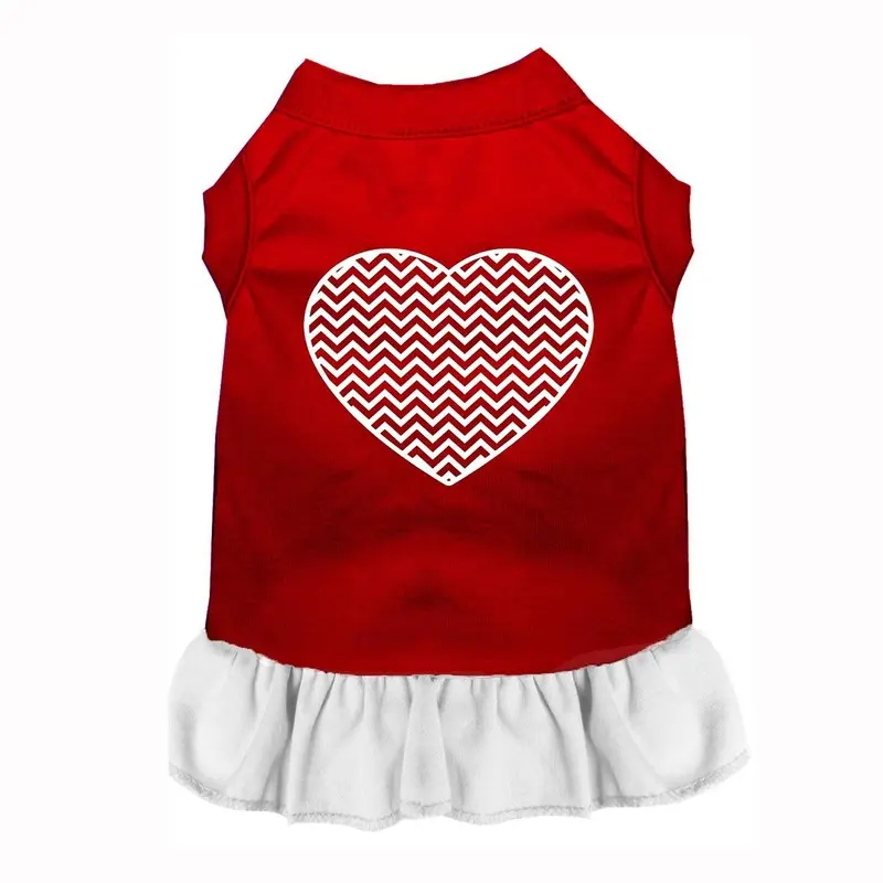 Chevron Heart Screenprint Dog Dress - Red with a White Skirt  X-Small