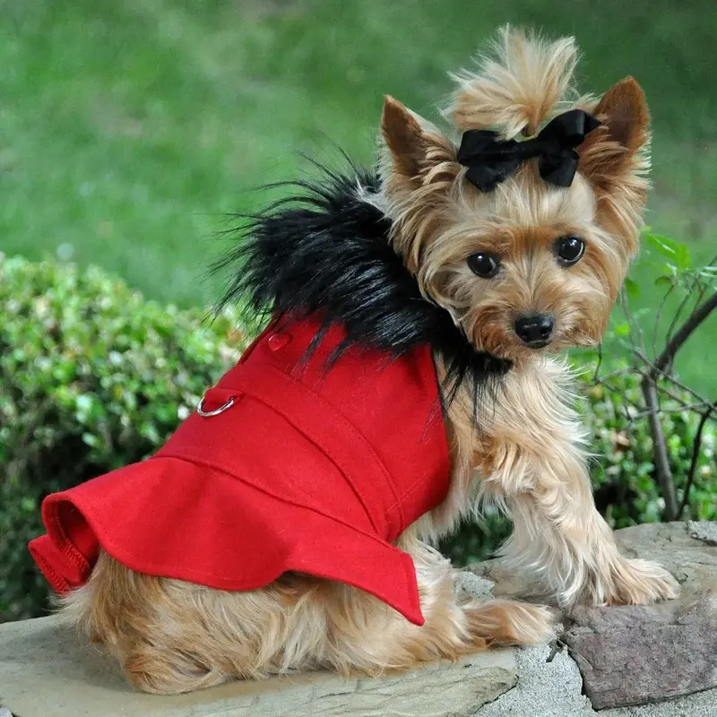 Wool Fur-Trimmed Dog Harness Coat by Doggie Design - Red X-Small