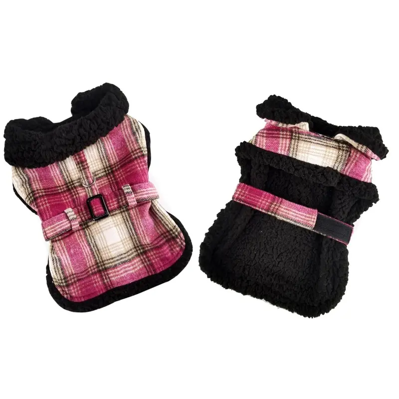 Doggie Design Plaid Sherpa Lined Dog Harness Coat - Hot Pink & Tan X-Small