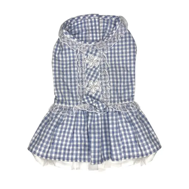 Parisian Pet Gingham Countryside Lace Dog Dress - Blue X-Small