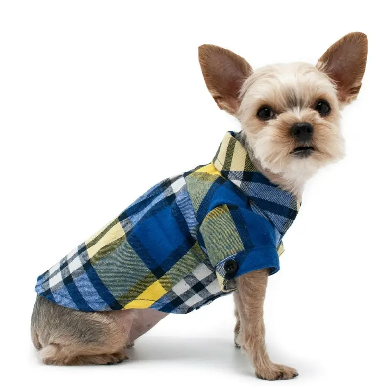 Plaid Button Down Dog Shirt by Dogo - Blue and Yellow XX-Small