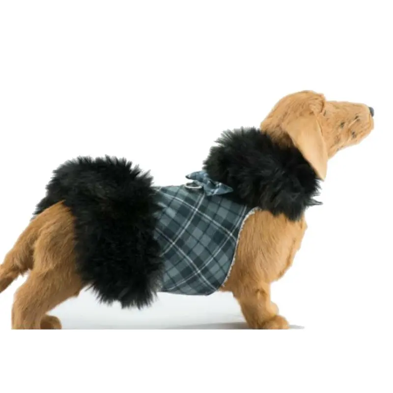 Susan Lanci Scotty Plaid Fur Dog Coat - Charcoal with Black Fox XX-Small - Free Shipping!