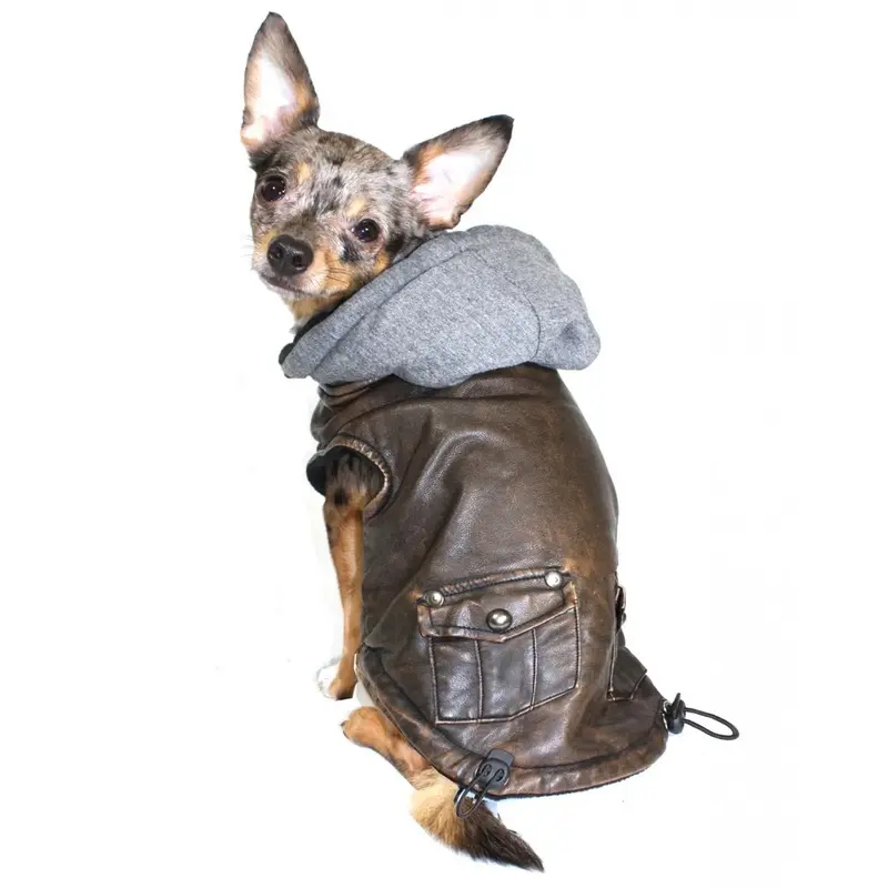 Hip Doggie Vintage Bomber Dog Jacket - Gray Hood X-Small