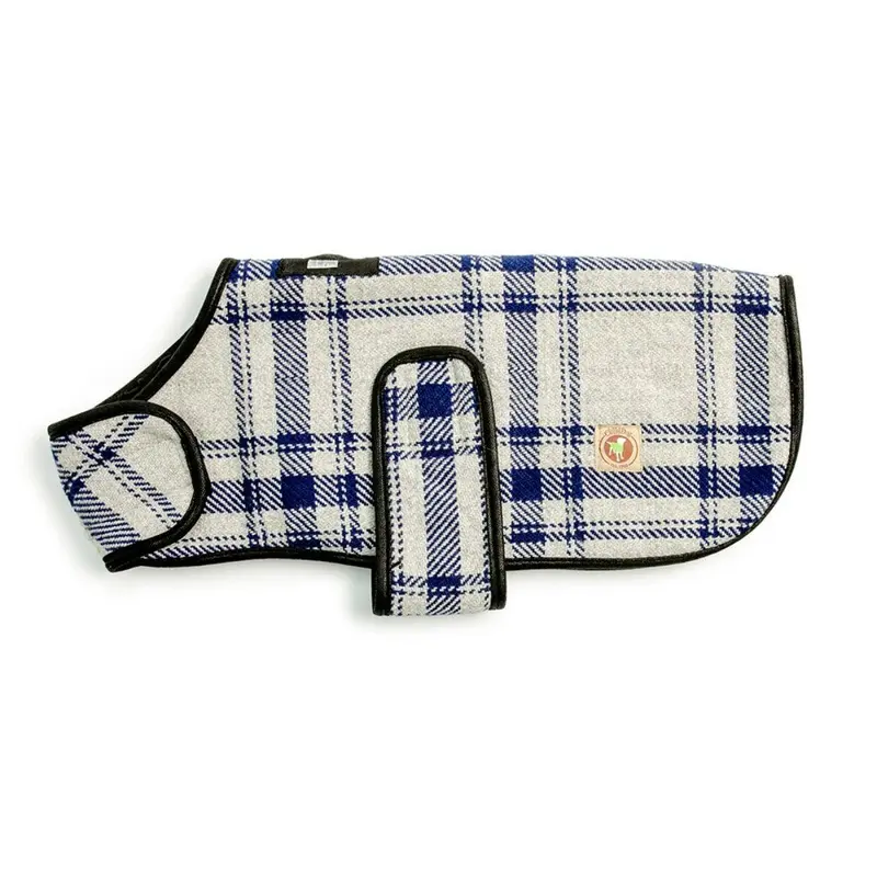 Chilly Dog Plaid Blanket Dog Coat - Gray and Blue X-Small