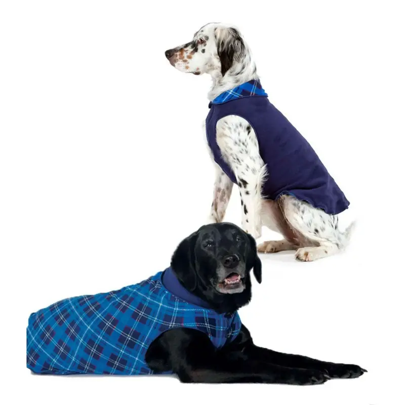 Gold Paw Reversible Double Fleece Dog Jacket - Blue Plaid/Navy Size 8