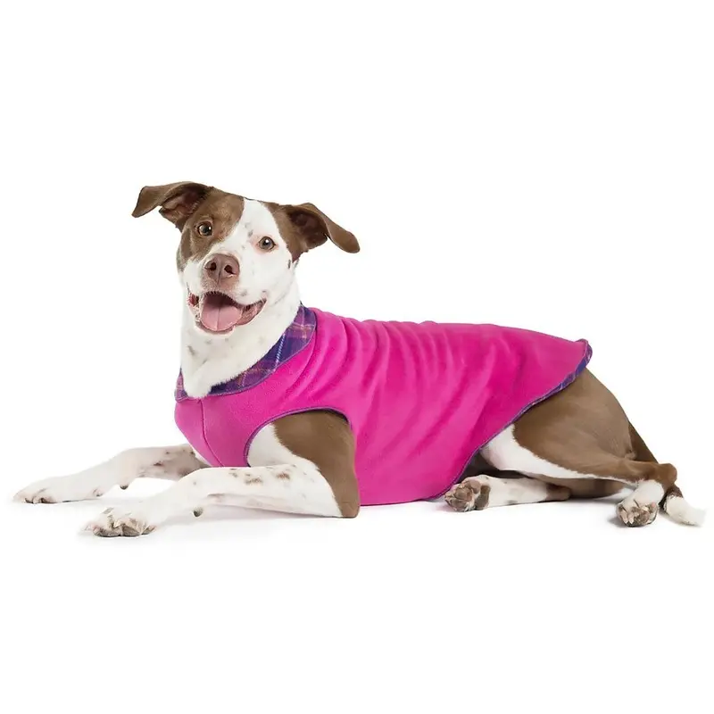 Gold Paw Reversible Double Fleece Dog Jacket - Mulberry Plaid/Fuchsia Size 6