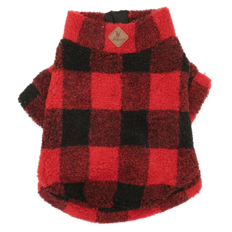 Worthy Dog Sherpa Fleece Quarter Zip Dog Pullover - Red Buffalo Plaid 2X-Large