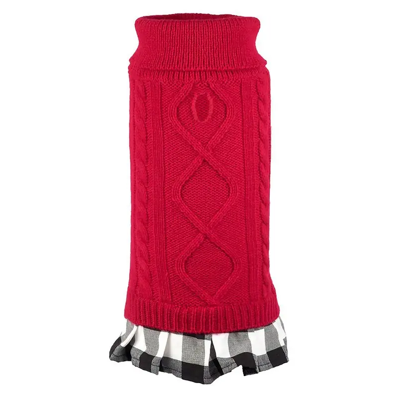Worthy Dog Turtleneck Dog Dress - Red with Black/White Plaid Skirt Large