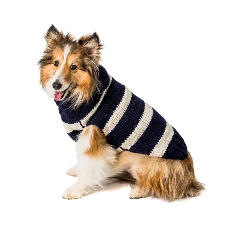Chilly Dog Handmade Alpaca Stripe Dog Sweater - Navy and Cream XX-Small