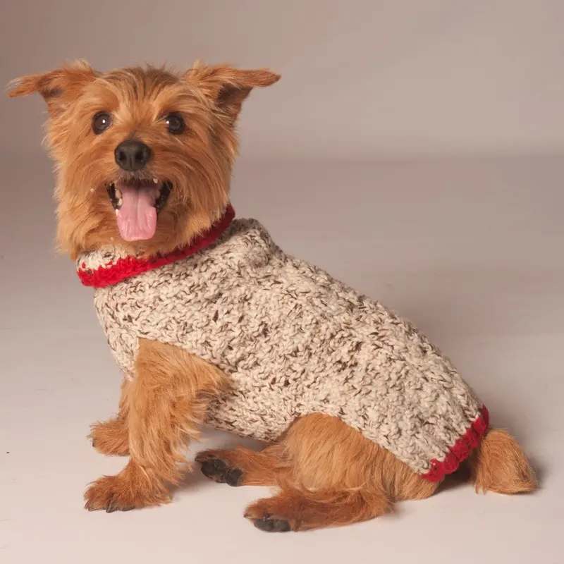 Chilly Dog Handmade Oatmeal w/Red Trim Cable Knit Dog Sweater  XX-Small