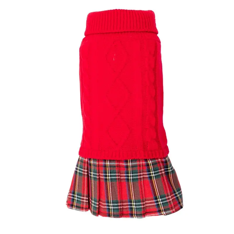 Worthy Dog Turtleneck Dog Dress - Red with Red Tartan Skirt XX-Small
