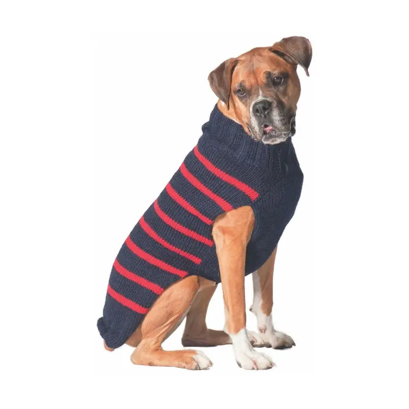 Chilly Dog Handmade Alpaca Classic Stripe Dog Sweater - Navy and Red Small