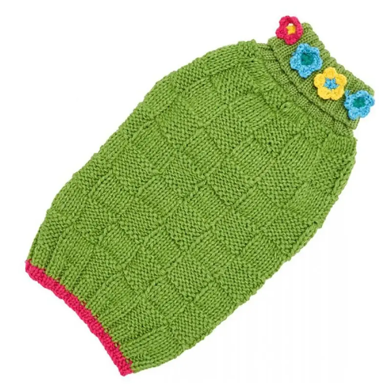 Hand Knit Dog Sweater by Up Country - Green Floral Basketweave Small
