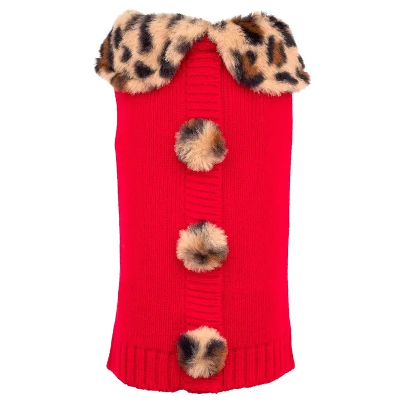 Worthy Dog Leopard Collar Cardigan Dog Sweater - Red X-Small