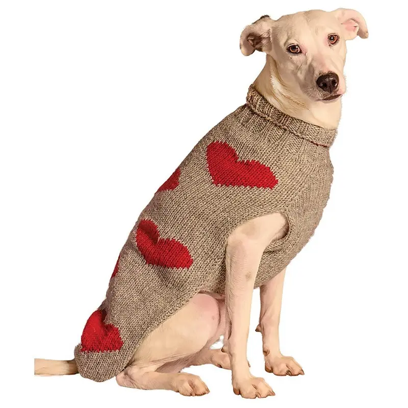 Chilly Dog Handmade Red Hearts Wool Dog Sweater - Gray X-Small - Out of Stock!