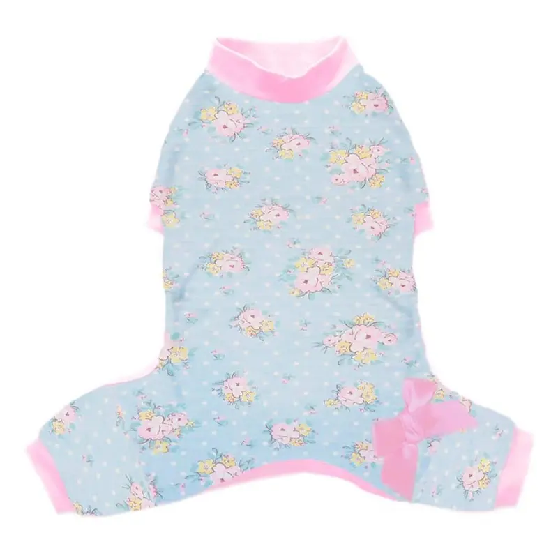 Pooch Outfitters Emma Dog Pajamas - Blue Floral with Pink Trim XX-Small