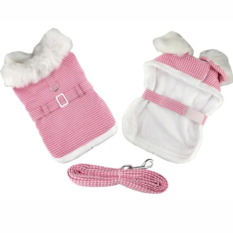 Pink Houndstooth and White Fur Collar Harness Coat by Doggie Design X-Large