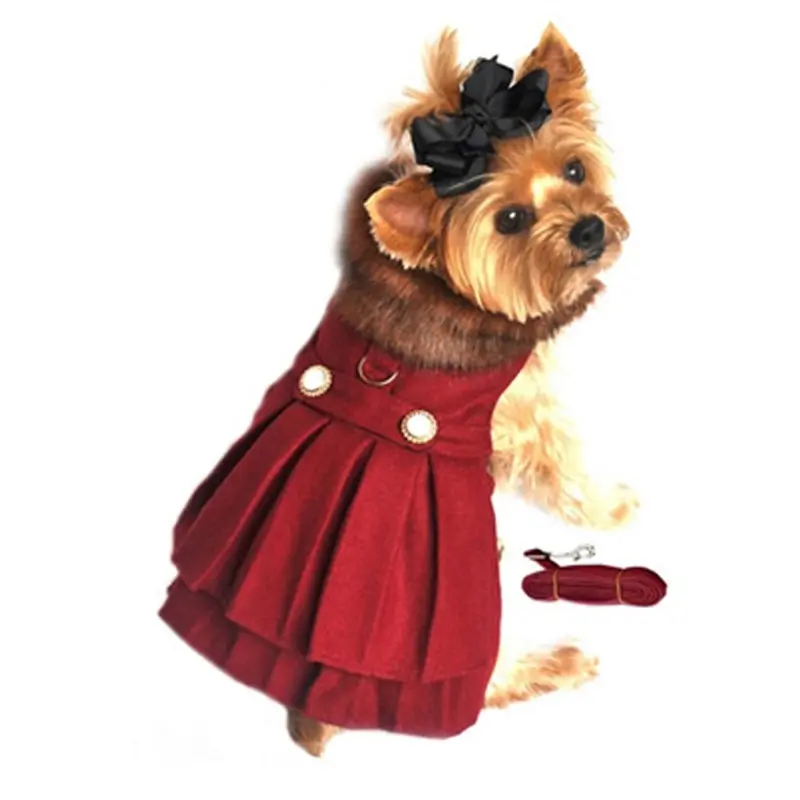 Wool Fur-Trimmed Dog Harness Coat by Doggie Design - Burgundy X-Small