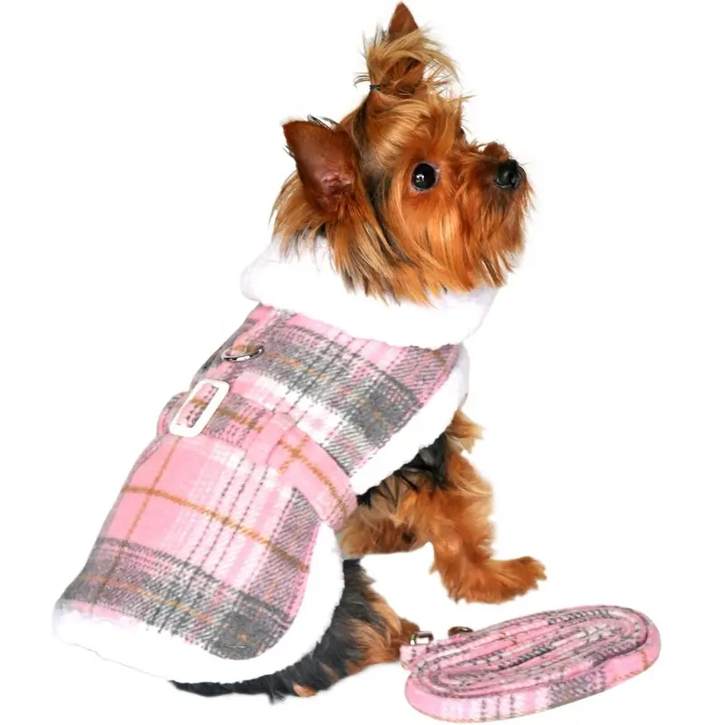 Doggie Design Plaid Sherpa Fleece Lined Dog Harness Coat - Pink & White X-Small