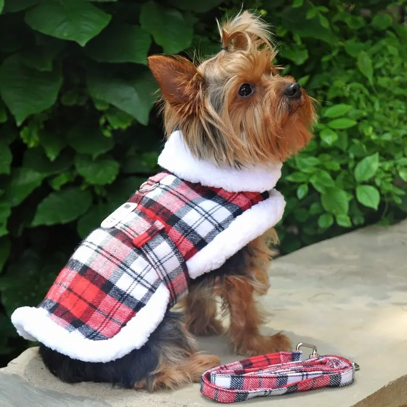 Doggie Design Plaid Sherpa Fleece Lined Dog Harness Coat - Red & White X-Small
