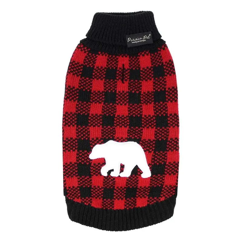Parisian Pet Buffalo Checkered Dog Sweater - Polar Bear Medium