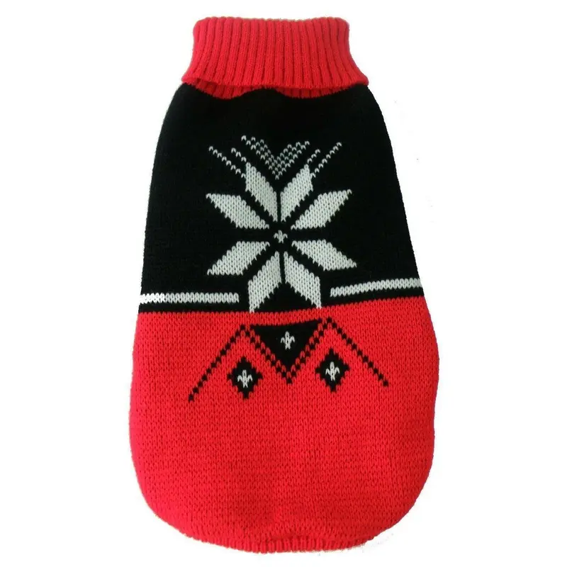 Pet Life Snow Flake Cable-Knit Ribbed Turtleneck Dog Sweater - Red and Black X-Small