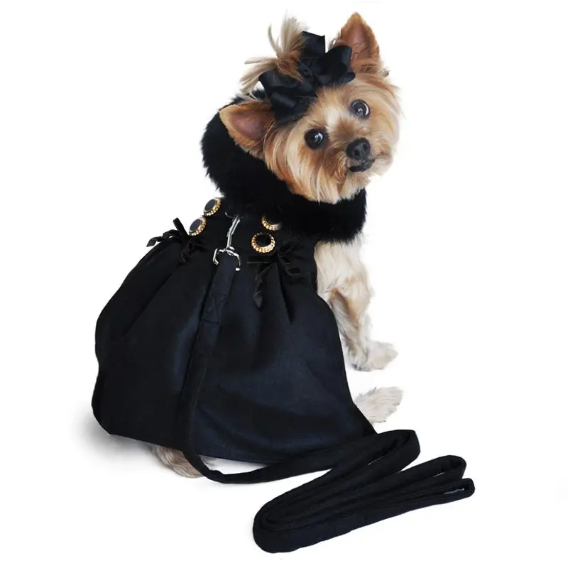 Wool Fur-Trimmed Dog Harness Coat by Doggie Design - Black X-Small