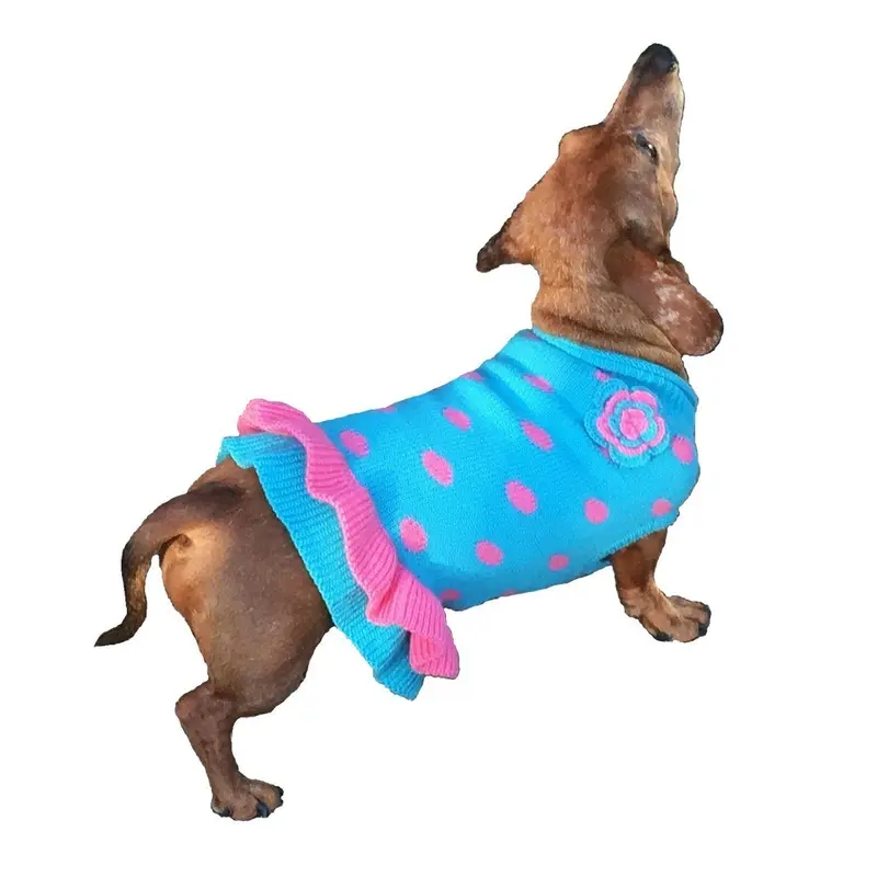 Dallas Dogs Polka Dot Dog Sweater Dress - Turquoise and Pink 8" Back Length