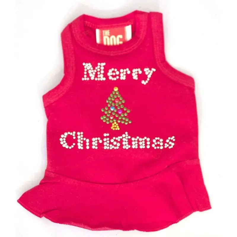 The Dog Squad Holiday Merry Christmas Tree Rhinestone Dog Dress - Red Small