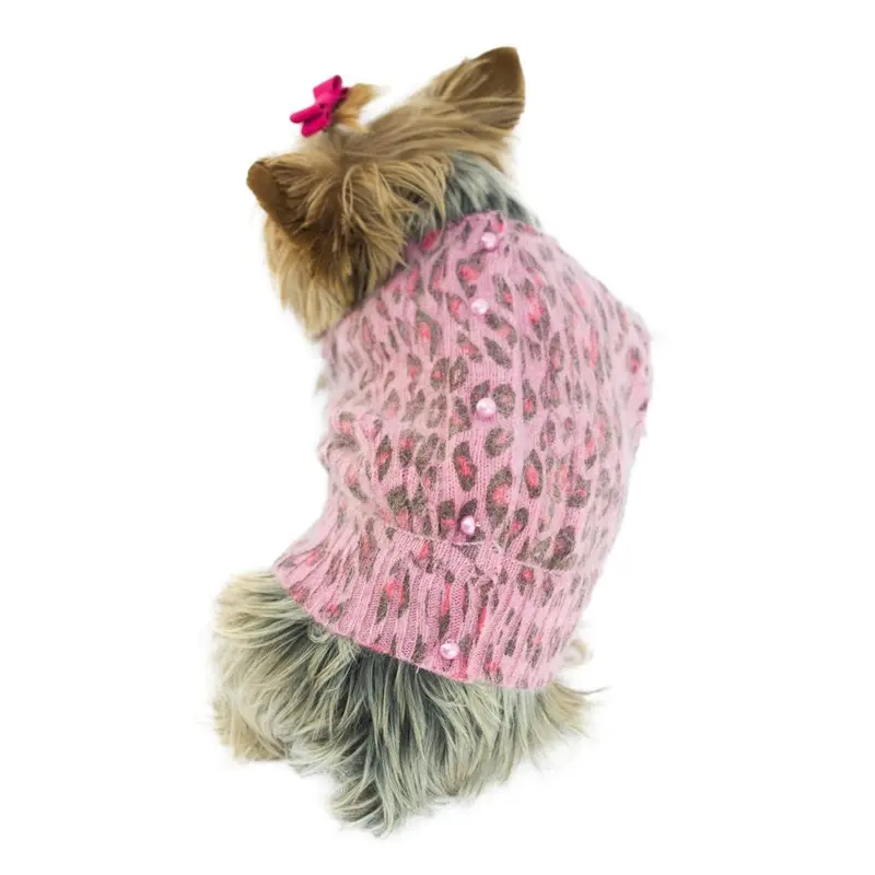 The Dog Squad Marilyn Button Back Cardigan Dog Sweater - Pink Leopard Small