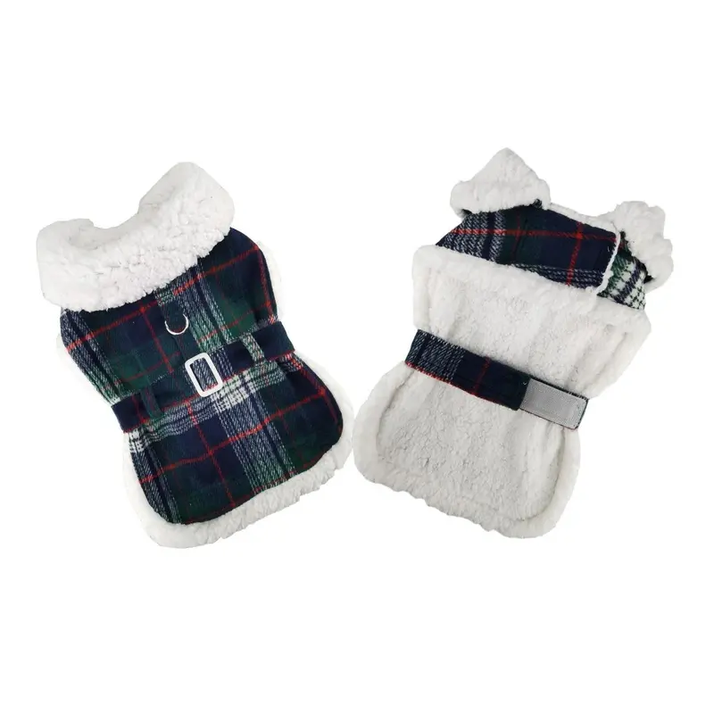Doggie Design Plaid Sherpa Lined Dog Harness Coat - Blue & Green X-Small