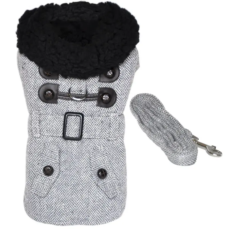 Grey Herringbone Dog Coat with Leash by Doggie Design X-Small