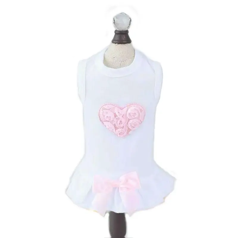 Hello Doggie Pink Puff Heart Dog Dress - White XX-Small