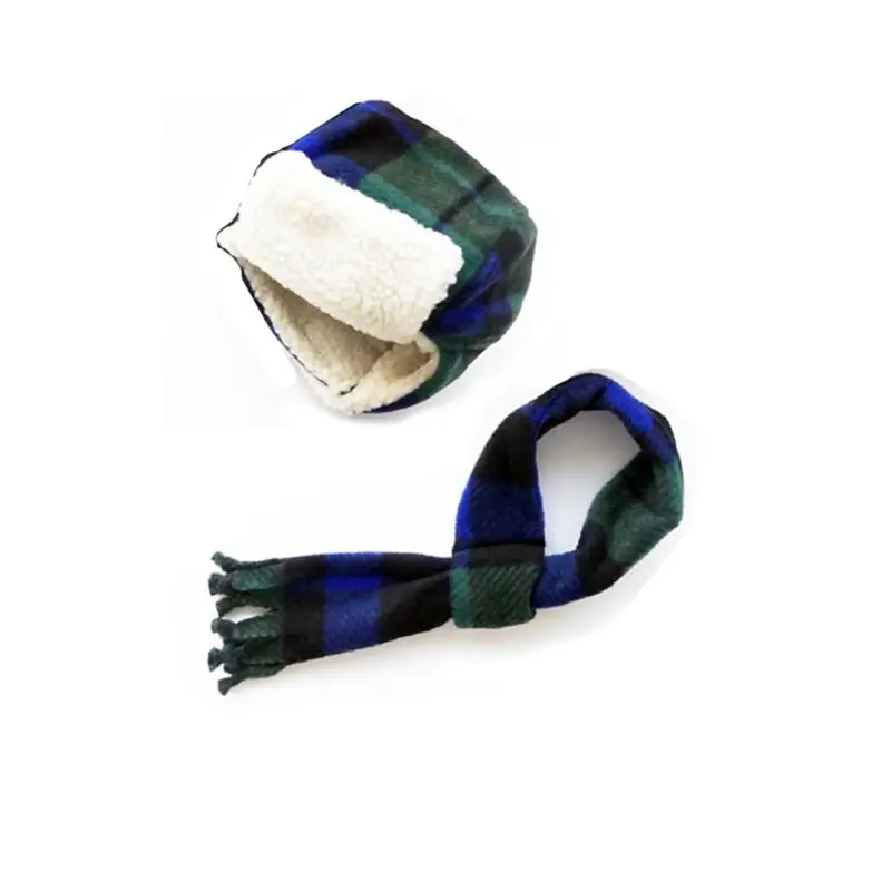 My Canine Kids Aviator Hat and Scarf Set for Dogs - Black Watch Plaid XX-Small